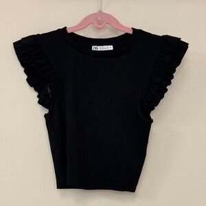 Zara: Women's Black Crop Shirt with Ruffle Sleeves, Size S